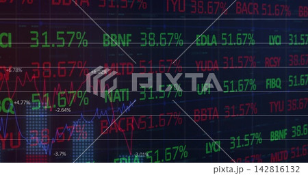 Showing LED-screen with tickers and percent labels on trading dashboard, tracing red-blue charts Showing LED-screen with tickers and percent labels on trading dashboard, tracing red-blue charts 142816132