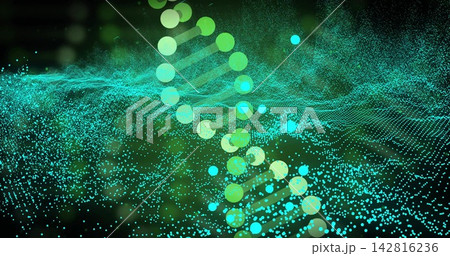 Glowing DNA double helix floating in virtual particle field, with circular nodes and bokeh Glowing DNA double helix floating in virtual particle field, with circular nodes and bokeh 142816236