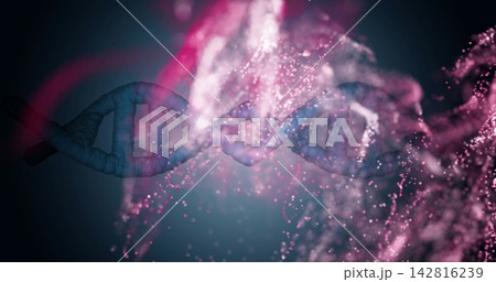 Floating blue DNA double helix spiraling in dark teal-to-black backdrop, with pink particle clouds 142816239