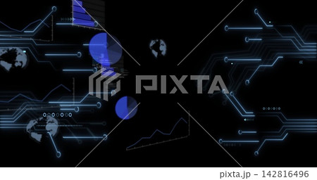 Displaying neon-blue circuit traces filling dark HUD, showing pie charts, stacked bar, globe icons Displaying neon-blue circuit traces filling dark HUD, showing pie charts, stacked bar, globe icons 142816496