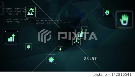 Displaying neon UI tiles floating in teal tunnel, showing chart, wind turbine CO2, 25 142816541