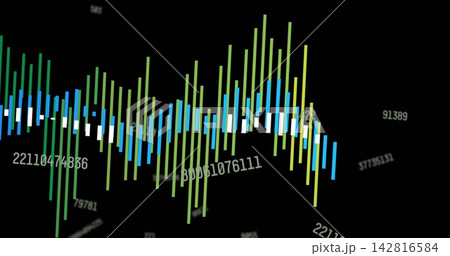 Displaying colored vertical bars pulsing on dark display with thin white baseline, floating digits Displaying colored vertical bars pulsing on dark display with thin white baseline, floating digits 142816584