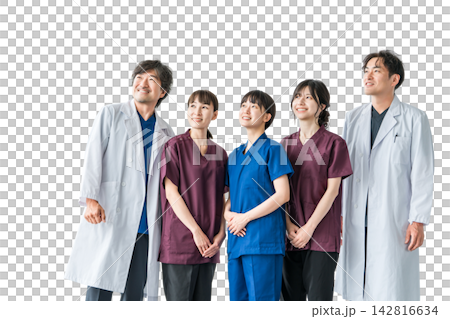 穿著工作服的醫護人員、醫護人員、女護士和穿白大褂的男醫生 穿著工作服的醫護人員、醫護人員、女護士和穿白大褂的男醫生 142816634