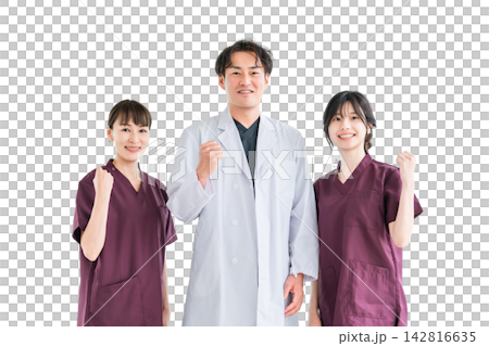 穿著工作服的醫護人員、醫護人員、女護士和穿白大褂的男醫生 穿著工作服的醫護人員、醫護人員、女護士和穿白大褂的男醫生 142816635