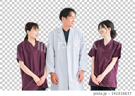 穿著工作服的醫護人員、醫護人員、女護士和穿白大褂的男醫生 穿著工作服的醫護人員、醫護人員、女護士和穿白大褂的男醫生 142816637