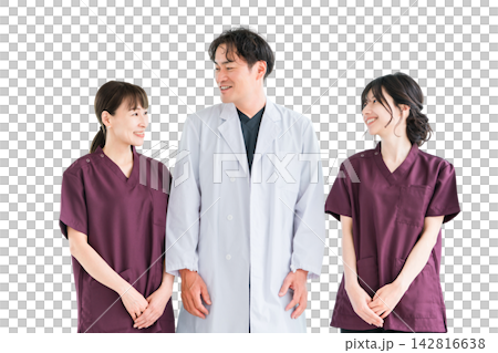 穿著工作服的醫護人員、醫護人員、女護士和穿白大褂的男醫生 142816638