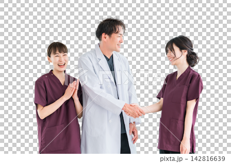 Medical workers in scrubs, medical staff, female nurses and male doctors in white coats Medical workers in scrubs, medical staff, female nurses and male doctors in white coats 142816639