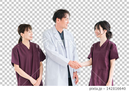 Medical workers in scrubs, medical staff, female nurses and male doctors in white coats Medical workers in scrubs, medical staff, female nurses and male doctors in white coats 142816640