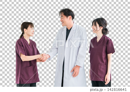 Medical workers in scrubs, medical staff, female nurses and male doctors in white coats Medical workers in scrubs, medical staff, female nurses and male doctors in white coats 142816641