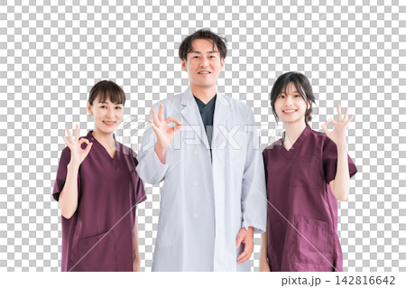 Medical workers in scrubs, medical staff, female nurses and male doctors in white coats Medical workers in scrubs, medical staff, female nurses and male doctors in white coats 142816642