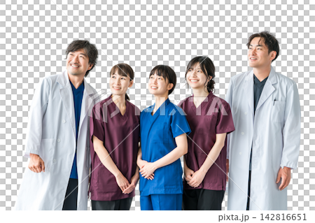 Medical workers in scrubs, medical staff, female nurses and male doctors in white coats Medical workers in scrubs, medical staff, female nurses and male doctors in white coats 142816651