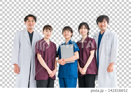 Medical workers in scrubs, medical staff, female nurses and male doctors in white coats Medical workers in scrubs, medical staff, female nurses and male doctors in white coats 142816652