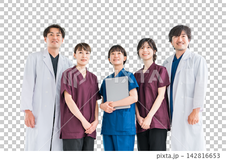 Medical workers in scrubs, medical staff, female nurses and male doctors in white coats Medical workers in scrubs, medical staff, female nurses and male doctors in white coats 142816653
