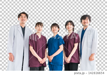 Medical workers in scrubs, medical staff, female nurses and male doctors in white coats Medical workers in scrubs, medical staff, female nurses and male doctors in white coats 142816654