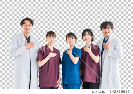 Medical workers in scrubs, medical staff, female nurses and male doctors in white coats Medical workers in scrubs, medical staff, female nurses and male doctors in white coats 142816657