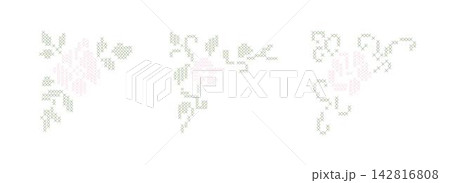 Isolated vintage cross stitch floral corner vignettes and botanical scroll borders. Embroidery needlework design set for wedding stationary, cottagecore nursery art, decorative textile crafts. Vector Isolated vintage cross stitch floral corner vignettes and botanical scroll borders. Embroidery needlework design set for wedding stationary, cottagecore nursery art, decorative textile crafts. Vector 142816808