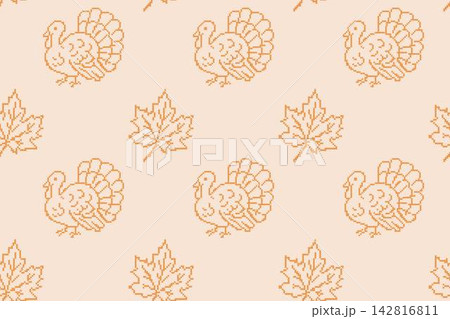 Thanksgiving cross stitch embroidery seamless pattern banner. Vintage pixelated needlework repeating background with handmade autumn maple leaf and turkey vector illustration. 142816811