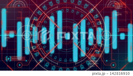 Displaying central circular HUD with concentric rings, cyan tall bars and red lines on dashboard Displaying central circular HUD with concentric rings, cyan tall bars and red lines on dashboard 142816910