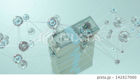 Dollar bundles sitting centered, data pulse initiating network nodes and lines showing finance flow 142817000