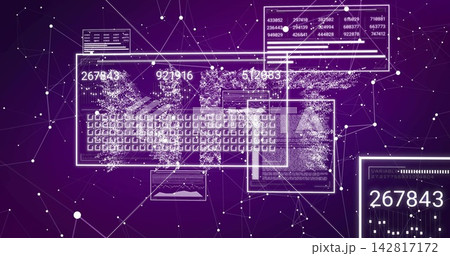 Displaying HUD panels and keyboard grid in cyberspace, linking nodes with flowing data clouds. Abstract, digital, neon, matrix, interface, streams, counters Displaying HUD panels and keyboard grid in cyberspace, linking nodes with flowing data clouds. Abstract, digital, neon, matrix, interface, streams, counters 142817172