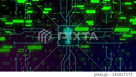 Pulsing cyan chip showing neural-tree sending blue line to cyber nodes with green blocks and 0s or 1s. Neon, futuristic, digital, network, dataflow, connectivity, cyberspace 142817173
