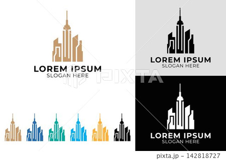 City skyline building template with skyscraper silhouettes, real estate and urban development branding set 142818727