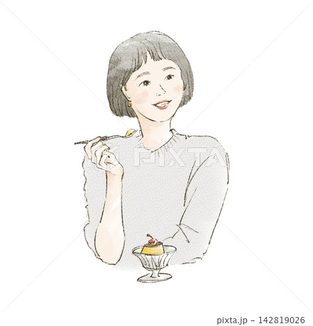 レトロな喫茶店プリンを楽しむショートヘアの女性 142819026