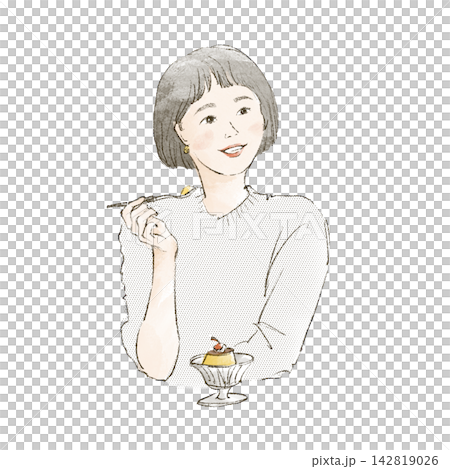 レトロな喫茶店プリンを楽しむショートヘアの女性 142819026