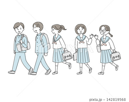 会話しながら仲良く登校する中学生の男女 142819568