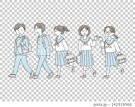 会話しながら仲良く登校する中学生の男女 142819568