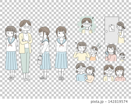 一組描繪青春期女孩與母親之間關係以及親子關係挑戰的插圖。 142819574