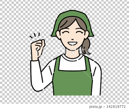 一幅插圖，描繪了一位身穿圍裙的年輕女店員做出勝利的手勢。 142819772