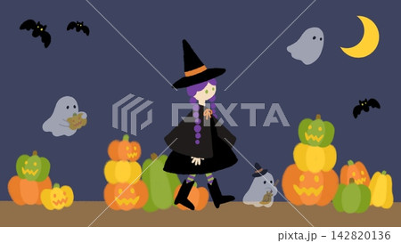 ハロウィンの夜と魔女 おばけとかぼちゃのイラスト ハロウィンの夜と魔女 おばけとかぼちゃのイラスト 142820136