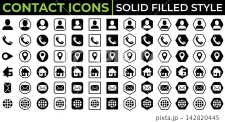 Solid filled contact icons set user, phone, location, home, email and globe flat vector ui ux symbols isolated on a white background. 142820445