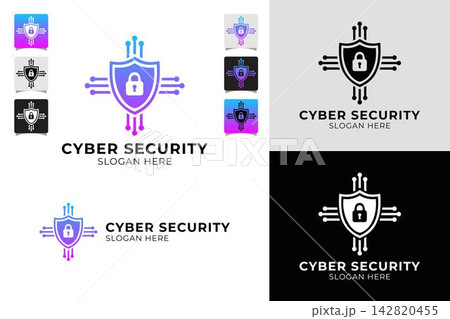 Cybersecurity vector logo design template with a shield and padlock, a digital protection emblem for technology company branding on a white background. 142820455