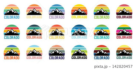 Colorado mountain logo flat vector illustration set with retro sunset stripes vintage outdoor adventure emblem collection on a white background. Colorado mountain logo flat vector illustration set with retro sunset stripes vintage outdoor adventure emblem collection on a white background. 142820457