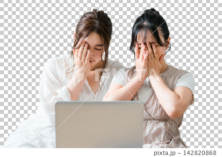 Women, friends, fellow mothers, and colleagues using a laptop together (crying, sad, shocked) Women, friends, fellow mothers, and colleagues using a laptop together (crying, sad, shocked) 142820868