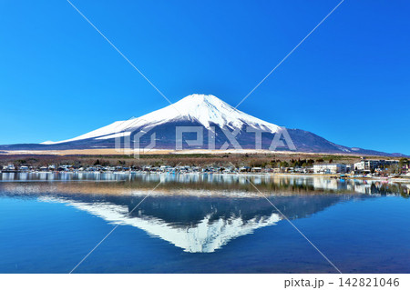 山梨県 青空の山中湖と富士山 山梨県 青空の山中湖と富士山 142821046