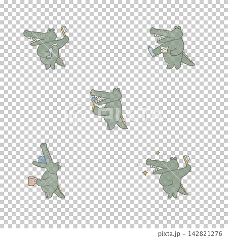 A set of cute crocodile illustrations depicting a scene of brushing teeth. A set of cute crocodile illustrations depicting a scene of brushing teeth. 142821276