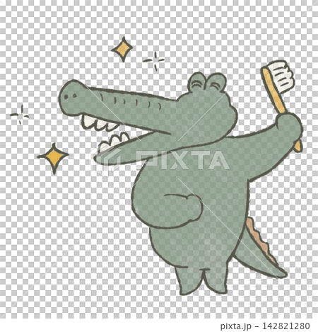 An illustration of a cute, smiling, sparkling clean crocodile after brushing its teeth. An illustration of a cute, smiling, sparkling clean crocodile after brushing its teeth. 142821280