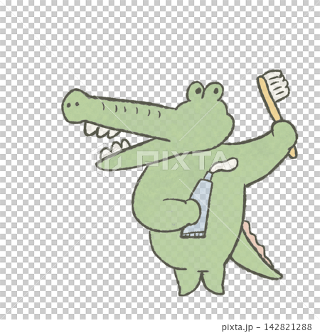 An illustration of a cute crocodile dispensing toothpaste. An illustration of a cute crocodile dispensing toothpaste. 142821288