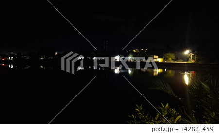 Night view of illuminated waterfront edge with foliage 142821459