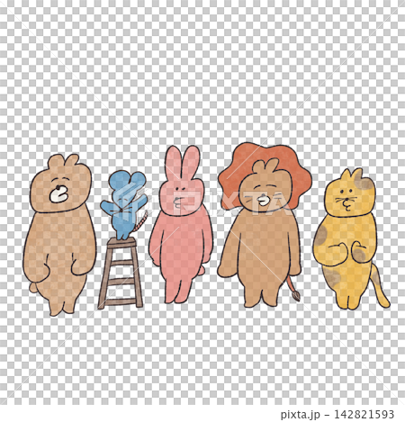 整列しているどうぶつたちのイラストセット 142821593