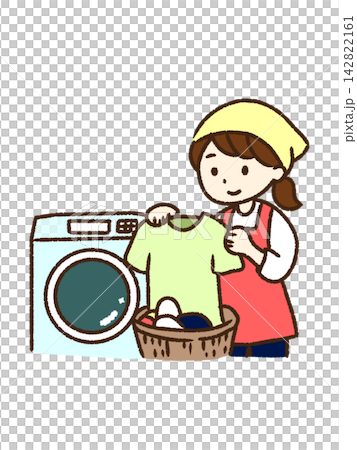 An illustration of a woman doing housework and bringing in laundry. An illustration of a woman doing housework and bringing in laundry. 142822161