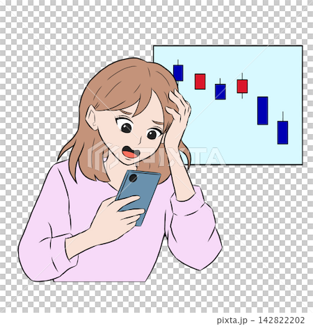 A woman holds her head in her hands as she looks at stock prices on her smartphone. A woman holds her head in her hands as she looks at stock prices on her smartphone. 142822202