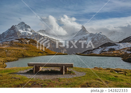 Nature landscape at Bachalpsee Lake (Bachsee) with Swiss Alps mountain range view from Grindelwald First Nature landscape at Bachalpsee Lake (Bachsee) with Swiss Alps mountain range view from Grindelwald First 142822333