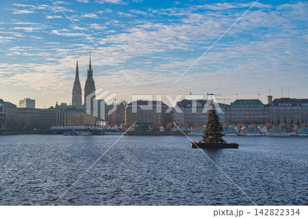 Hamburg Germany city skyline at Alster Lake with Christmas tree Hamburg Germany city skyline at Alster Lake with Christmas tree 142822334