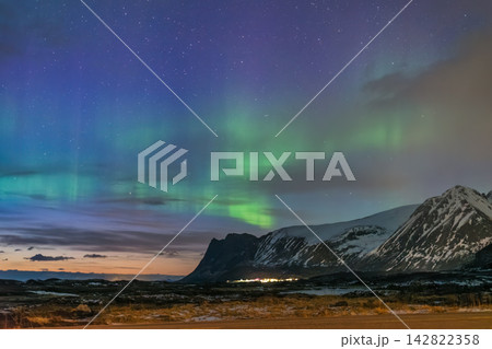 Lofoten Norway, aurora borealis northern lights winter landscape at Gimsoystraumen Rasteplas Lofoten Norway, aurora borealis northern lights winter landscape at Gimsoystraumen Rasteplas 142822358