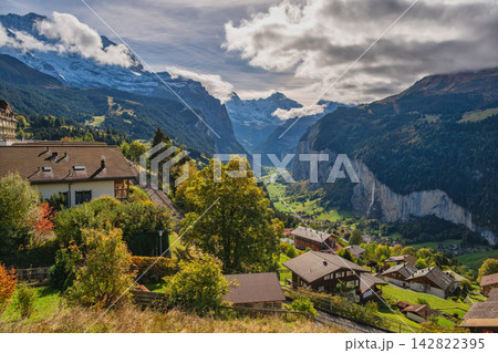 Wengen Switzerland, nature landscape at village and Jungfrau peak in autumn season 142822395