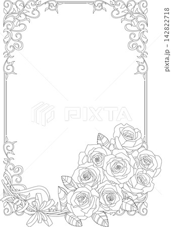 背景素材＜花・薔薇花束アンティークフレーム・モノクロ・線画＞ 142822718